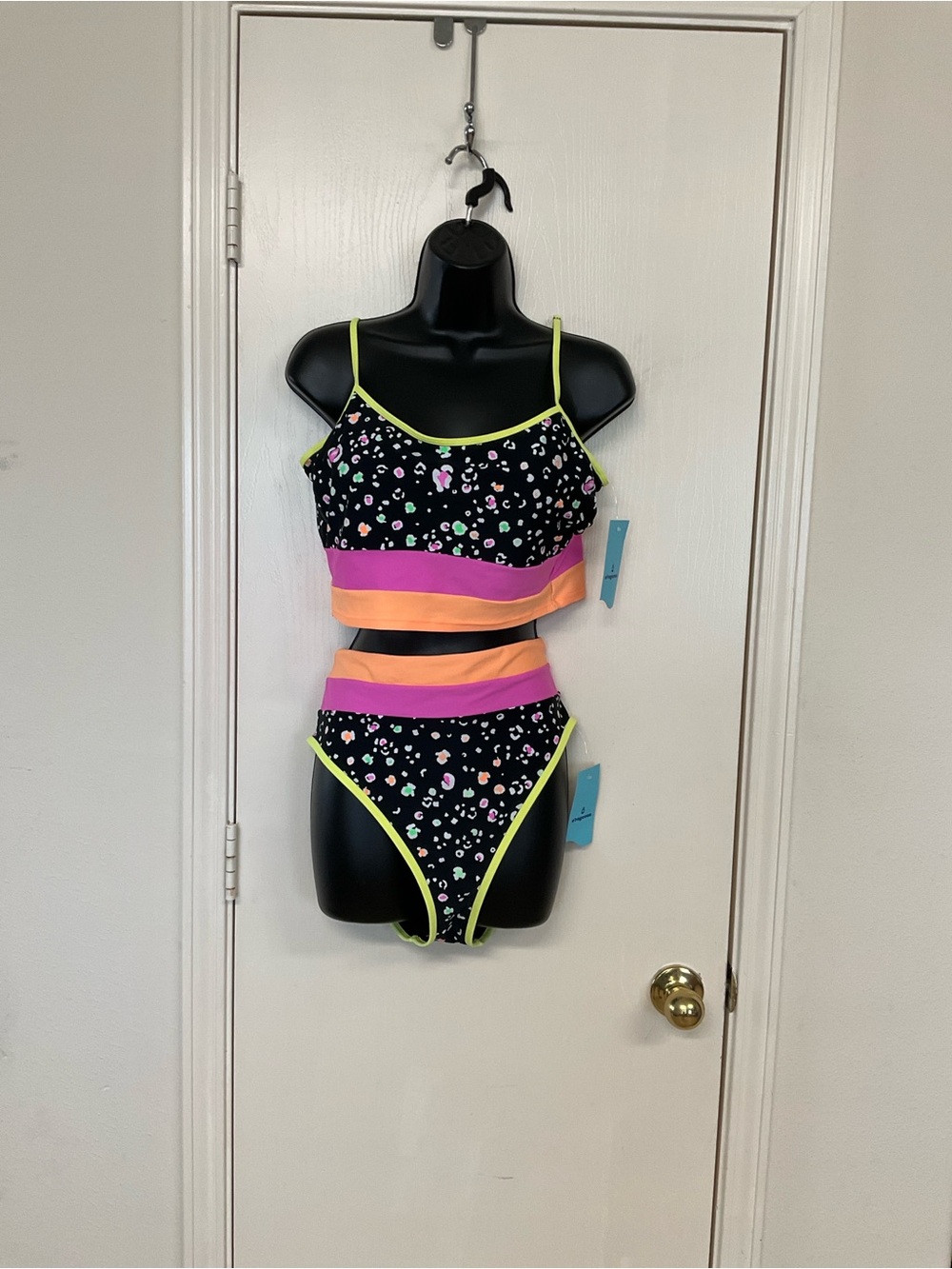 O’ Rageous Junior Girls' Black Floral Two-Piece Swim Set with Neon Trim